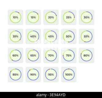 Circular progress with percentage increments flat UI data visualization element set Stock Vector
