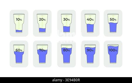 Water fill percentage progress glass flat UI data visualization element set Stock Vector