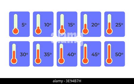Thermometer temperature from 5 to 50 degrees flat UI data visualization element set Stock Vector