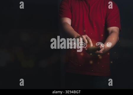 Close up man hand hold and pressing smartphone. Communication technology with copy space. Stock Photo