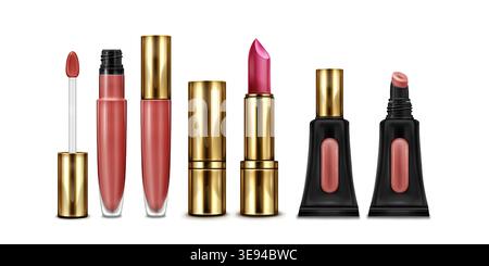 Lip gloss tube, bottle and stick set isolated on white background. Vector realistic illustration of black cosmetic container mockup with golden cap, skin care cosmetic product packaging, beauty brand Stock Vector