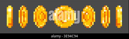 Spinning gold pixel coin animation with golden glow for retro arcade games, cartoon vector icons isolated on background. Classic 8-bit style gaming asset for video game ui, bonus element Stock Vector