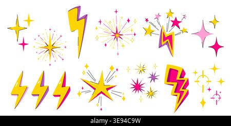 Colorful lightning bolt and star stickers set isolated on white background. Vector illustration of vibrant yellow and pink battery energy icons, sparks and bold flash symbols for retro party banner Stock Vector
