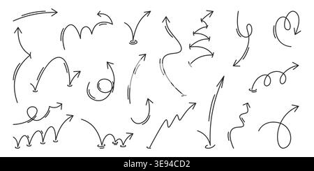 Playful bounce arrows set isolated on white background. Vector illustration of curvy, spiral and zigzag trajectory doodles, hand drawn motion lines, squiggly paths, dynamic motion effect arrows Stock Vector