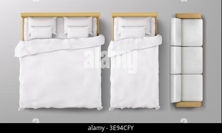 Top view of bed with white linen and sofa isolated on background. Vector realistic illustration of hotel or home bedroom furniture, cozy blanket and pillows for comfort, interior design elements Stock Vector