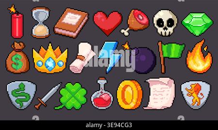 Pixel art game collection of arcade item icons, 8 bit interface elements, coin, heart and crown, book, scroll and clover, retro videogame graphics for level design, ui cartoon vector illustrations Stock Vector