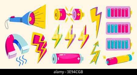 Retro sticker set with colorful energy bar icons, lightning bolts, and groovy battery charge symbols, cartoon vector illustrations isolated on background. Pop art style power indicators Stock Vector
