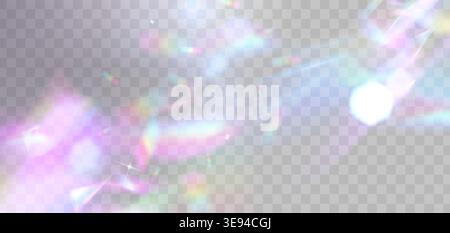 Light prism effect with rainbow spectrum, crystal flare overlay, abstract vector background. Iridescent radiant glow and refraction rays with holographic neon lens sparkle Stock Vector