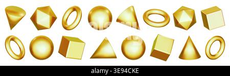 3d shape of gold abstract figure, sphere and cube render. Geometric metal element of yellow ring ball, pyramid circle cylinder. Glossy gradient on Stock Vector