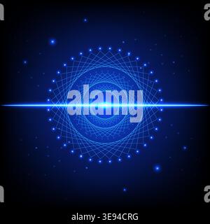 Futuristic geometric circle pattern with light lens flare and glowing stars on dark background Stock Vector