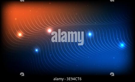 Futuristic background featuring flowing dotted waves with bright glowing flares in blue and orange tones Stock Vector