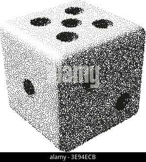 Dotwork stippled 3D dice cube illustration isolated on background in minimalist black and white style Stock Vector