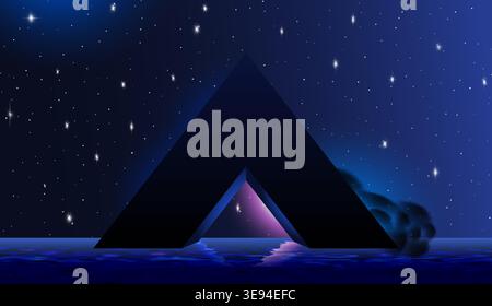 Geometric pyramid with door or surreal neon entrance glowing in the night with reflection on water and mountains on background Stock Vector