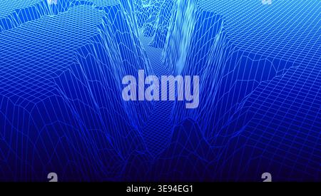 Digital landscape with mountains and plateus made of line grid in futuristic technology or science style Stock Vector