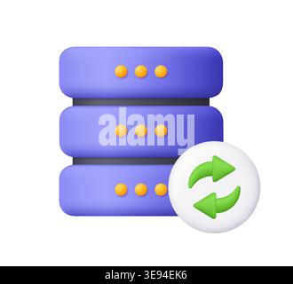 Purple database server stack with green synchronization or refresh arrows icon. Data sync, backup, cloud computing, database management, hosting conce Stock Vector