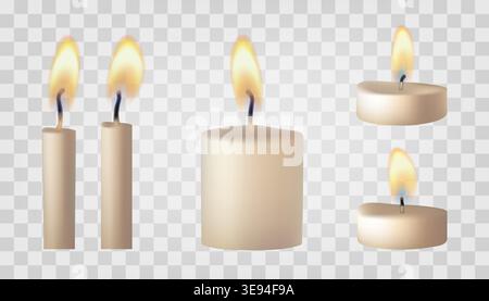Candle gold flame set. Memorial, short tea light. Burning Bday or wedding fires, vector isolated illustration. 3d lit torch, transparent candlelight Stock Vector