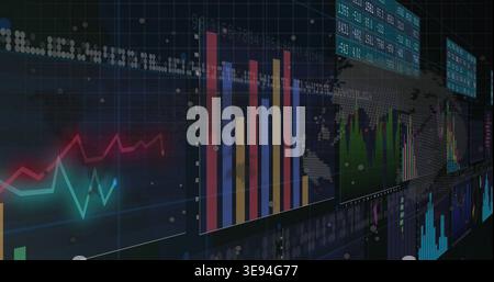 Displaying tall multicolor bar chart on curved control-room wall, with neon line graphs and tickers Stock Photo