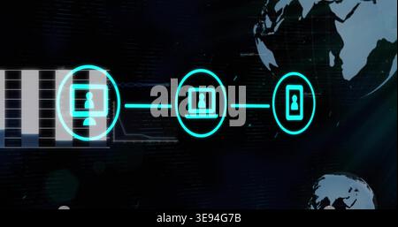 Displaying three linked cyan device icons on dark cyber dashboard, showing globe, chart, glitch Stock Photo