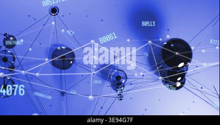 Displaying glossy dark spherical nodes linked by thin lines in 3D data scene showing numeric labels Stock Photo