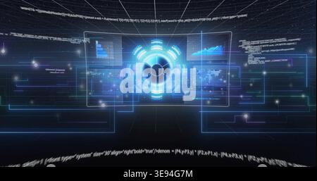 Projecting holographic hub emitting rings and radial segments at virtual dashboard, with HUD panels Stock Photo