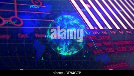 Projecting holographic brain sphere rotating in dashboard with curved grid and numeric readouts Stock Photo