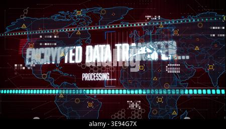 Displaying centered glowing headline text across digital dashboard, with global map and cyan bars Stock Photo