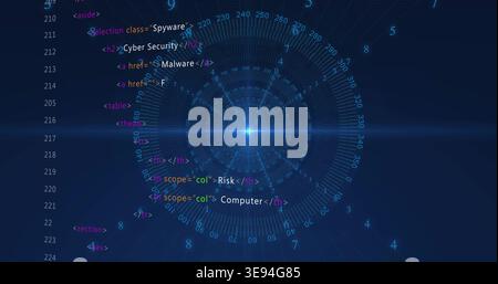 Displaying central HUD pulsing in dark blue virtual interface, with Cyber Security code column Stock Photo