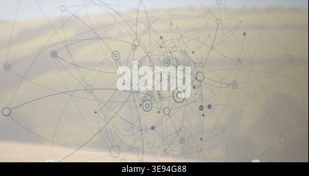 Displaying abstract node network floating over hazy backdrop, with concentric circular nodes Stock Photo