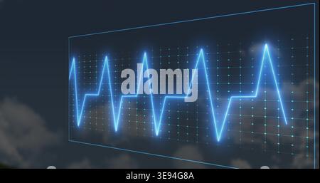 Floating translucent holographic panel displaying neon-blue ECG waveform over teal grid at dusk Stock Photo