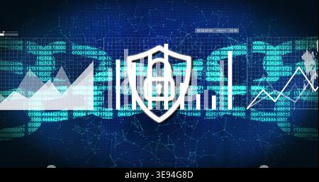 Displaying central white shield icon with currency symbol on digital dashboard showing bar charts Stock Photo