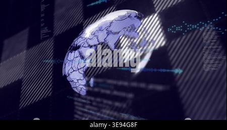 Displaying mosaic 3D globe rotating on dark control screen, showing cyan waveforms and code Stock Photo
