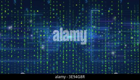 Streaming green binary digits creating cascading code matrix in dark cyber network, with cyan flare Stock Photo