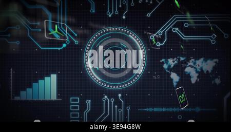 Showing central circular HUD rotating on console, with circuit lines, bars, smartphone Stock Photo