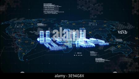 Displaying 3D hologram of industrial facility projecting over dark world map, with node markers Stock Photo