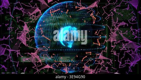 Rotating blue point-cloud globe pulsing in digital display, showing orange nodes and magenta mesh Stock Photo