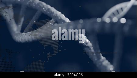 Displaying DNA double helix with bead droplets at center in biotech graphic, dotted globe and code Stock Photo