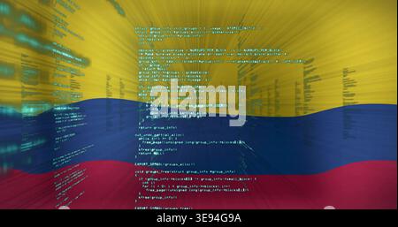 Displaying Colombian tricolor flag streaking across digital studio, with overlaid teal source code Stock Photo