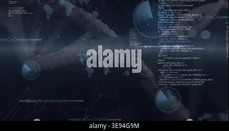 Displaying centered digital world map in virtual dashboard, with HUD gauges and blurred code column Stock Photo
