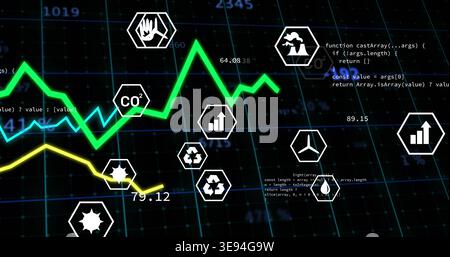 Displaying bright green line graph on dashboard, showing CO2, recycling icons, numeric marks Stock Photo