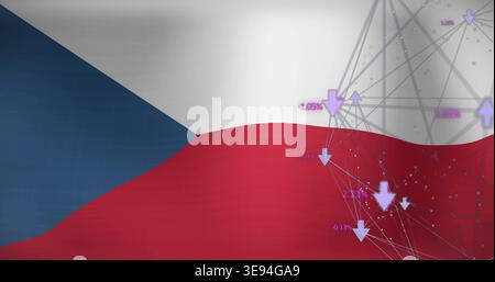 Waving Czech Republic flag on data canvas showing wireframe nodes and down arrows with percentages Stock Photo