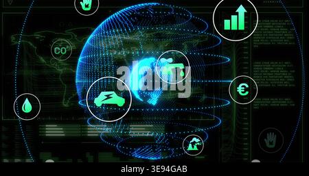 Rotating holographic globe with orbital rings on virtual dashboard, showing EV, water, CO2 icons Stock Photo