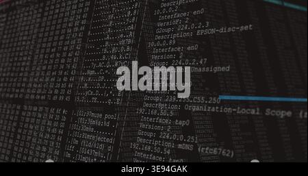 Displaying monospaced terminal text in closeup on dimly lit monitor, with hex dumps, IPs, blue bar Stock Photo