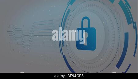 Displaying blue padlock within HUD rings on gray-blue background with circuit traces, copy space Stock Photo