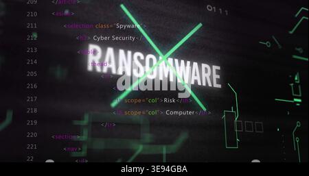 Displaying centered RANSOMWARE crossed by neon green X on cyber UI, showing code and circuits Stock Photo