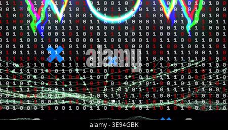 Streaming binary digits and network mesh forming pulsing grid on virtual display, with cyan ring Stock Photo