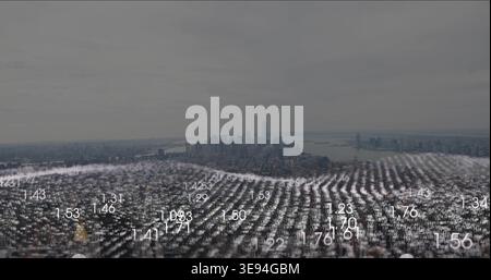 Displaying skyscraper skyline with dominant tower from aerial view, showing dotted numeric overlay Stock Photo
