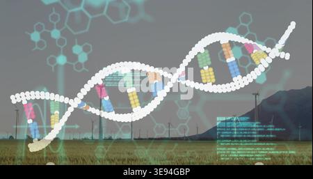 Displaying large DNA double helix stretching across wind farm with turbines, showing teal overlays Stock Photo