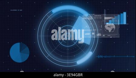 Scanning central radar HUD sweeping on digital analytics dashboard, displaying pie chart, bar chart Stock Photo