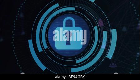 Showing central padlock icon being surrounded by HUD rings on dashboard, streaming binary and nodes Stock Photo
