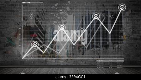 Displaying translucent Cartesian grid and white zigzag chart on gallery brick wall, with data table Stock Photo